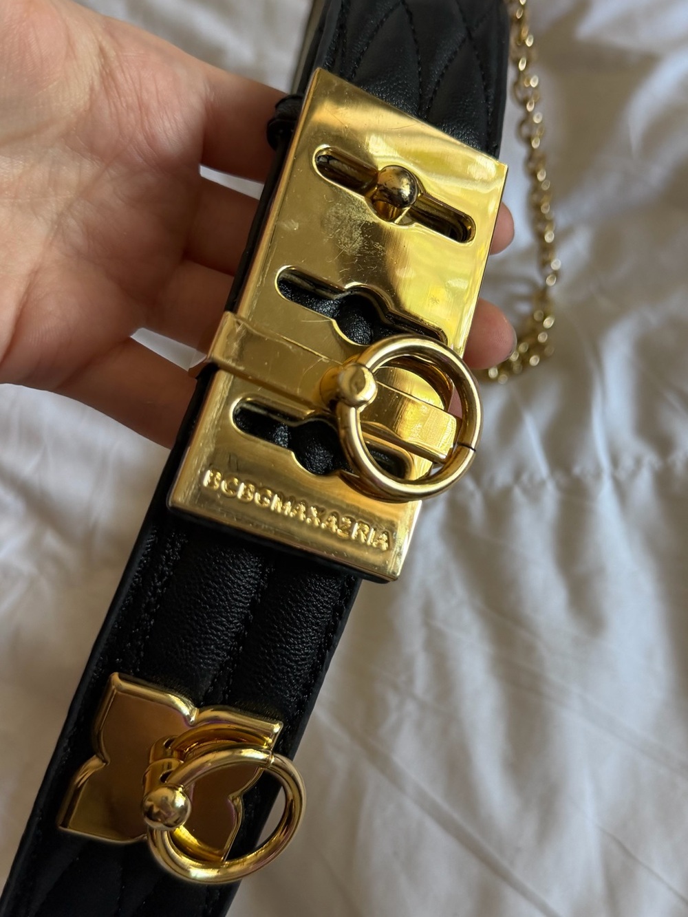 BCBG Chain Accent Leather Quilted Rare Toggle Belt - black & gold